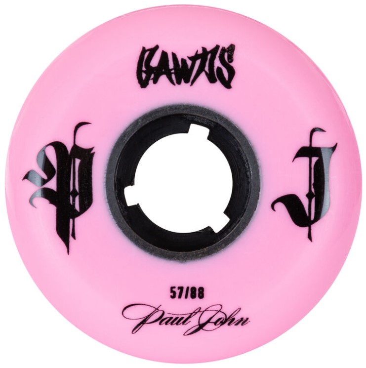 pink or purple aggressive wheels with a flat radius of 57 mm and durometer 88A named PJ Paul John II